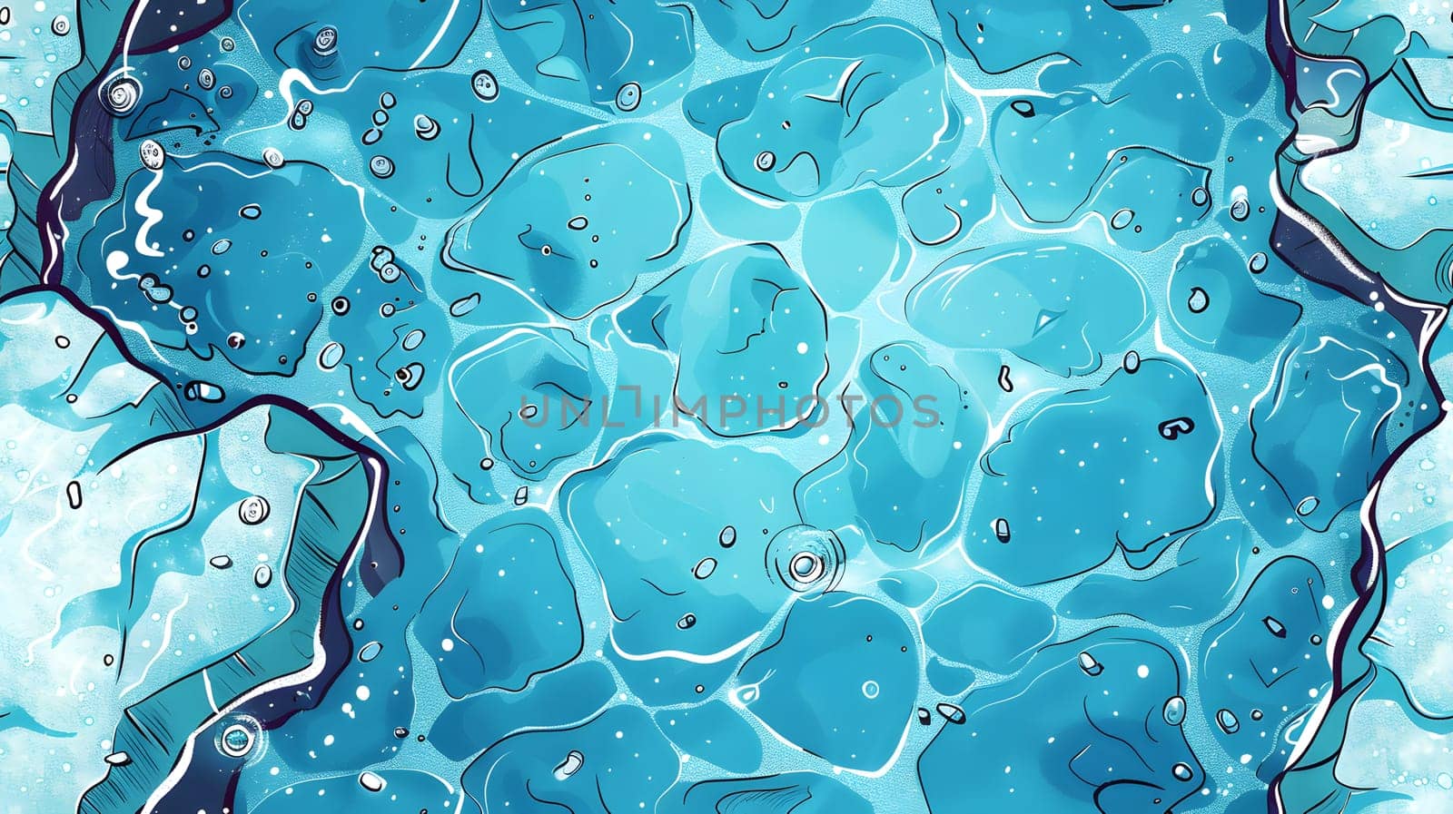 A closeup capture of azure water surface with electric blue bubbles creating an artistic pattern of fluidity. The transparent material showcases the beauty of liquid in an aqua hue