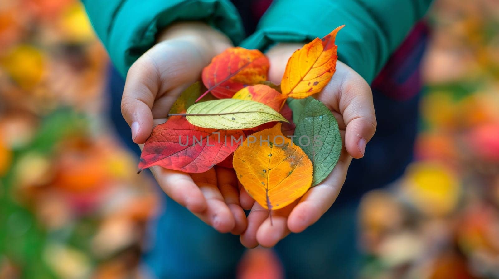 A person holding a handful of colorful leaves in their hands