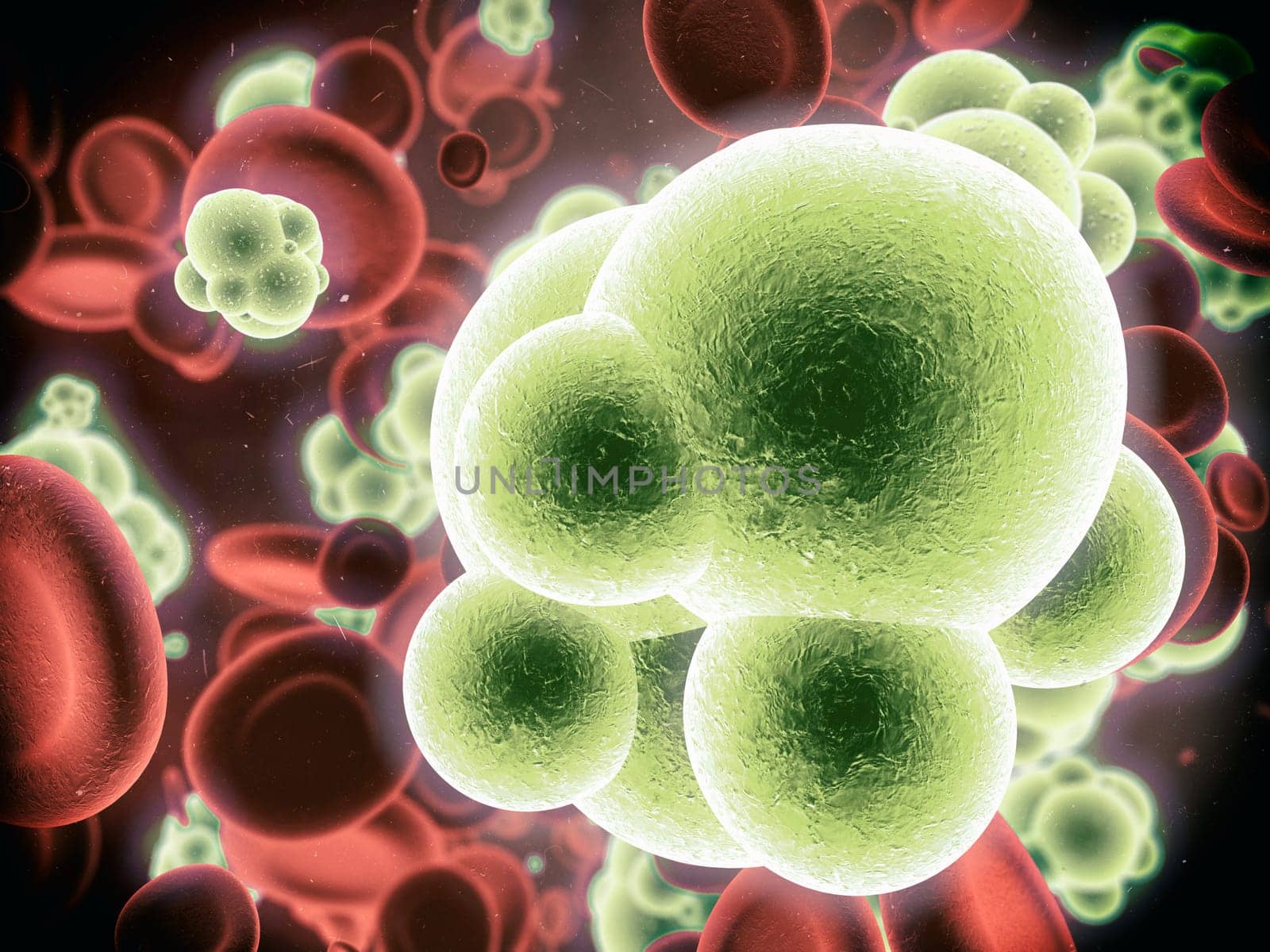Bacteria, blood and molecule with abstract, render or illustration of particle. Immune system, micro biology and sick for science, microscope and medical research for sepsis or senolytics treatment by YuriArcurs