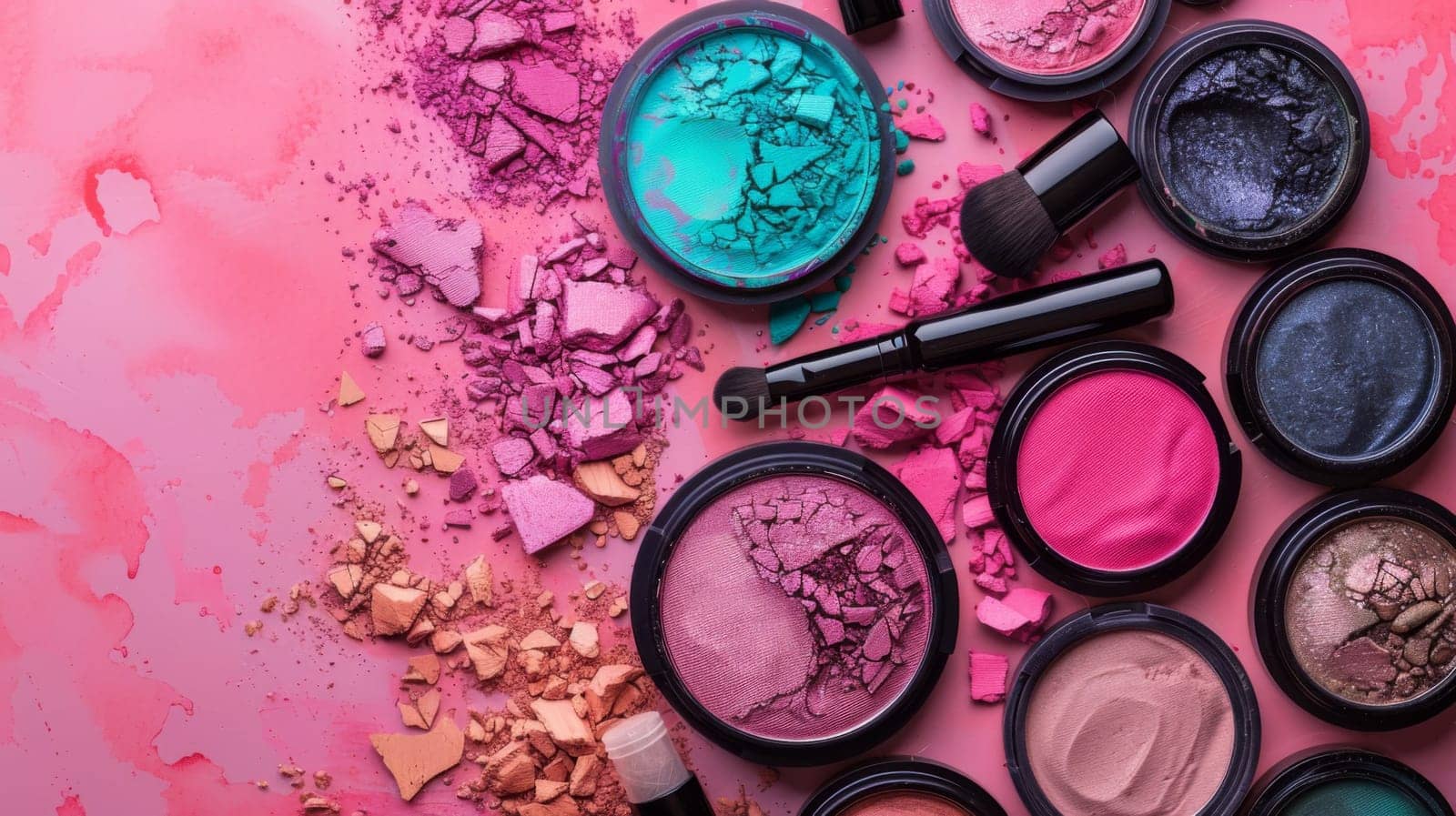 A bunch of different colored eyeshadows and brushes on a pink background