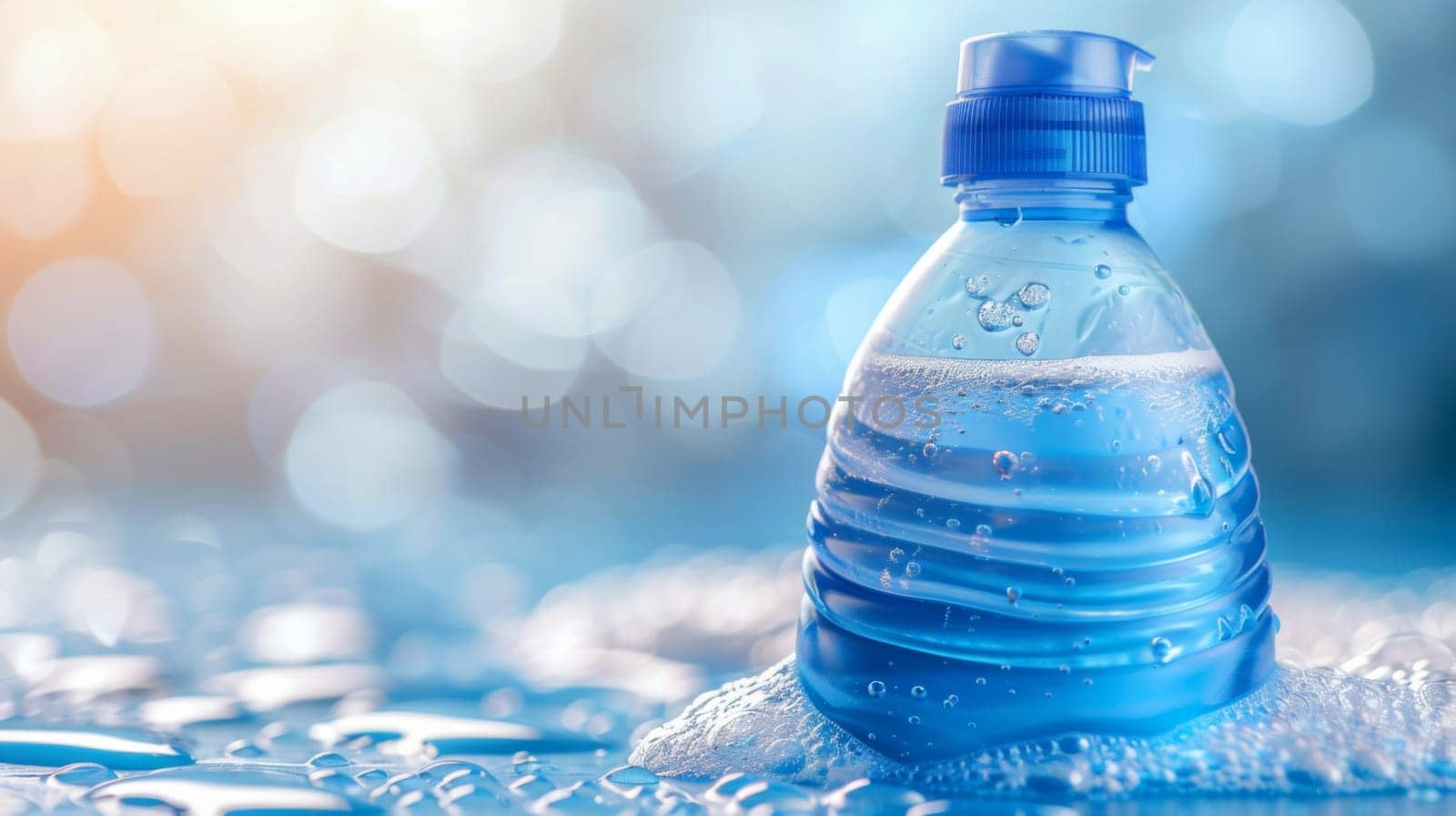 A bottle of water is sitting on top of a pile of bubbles