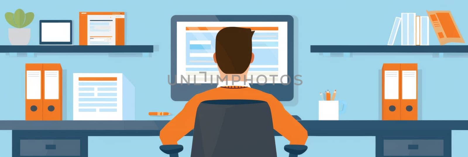 A man sitting at a desk with computer monitor and files, AI by starush