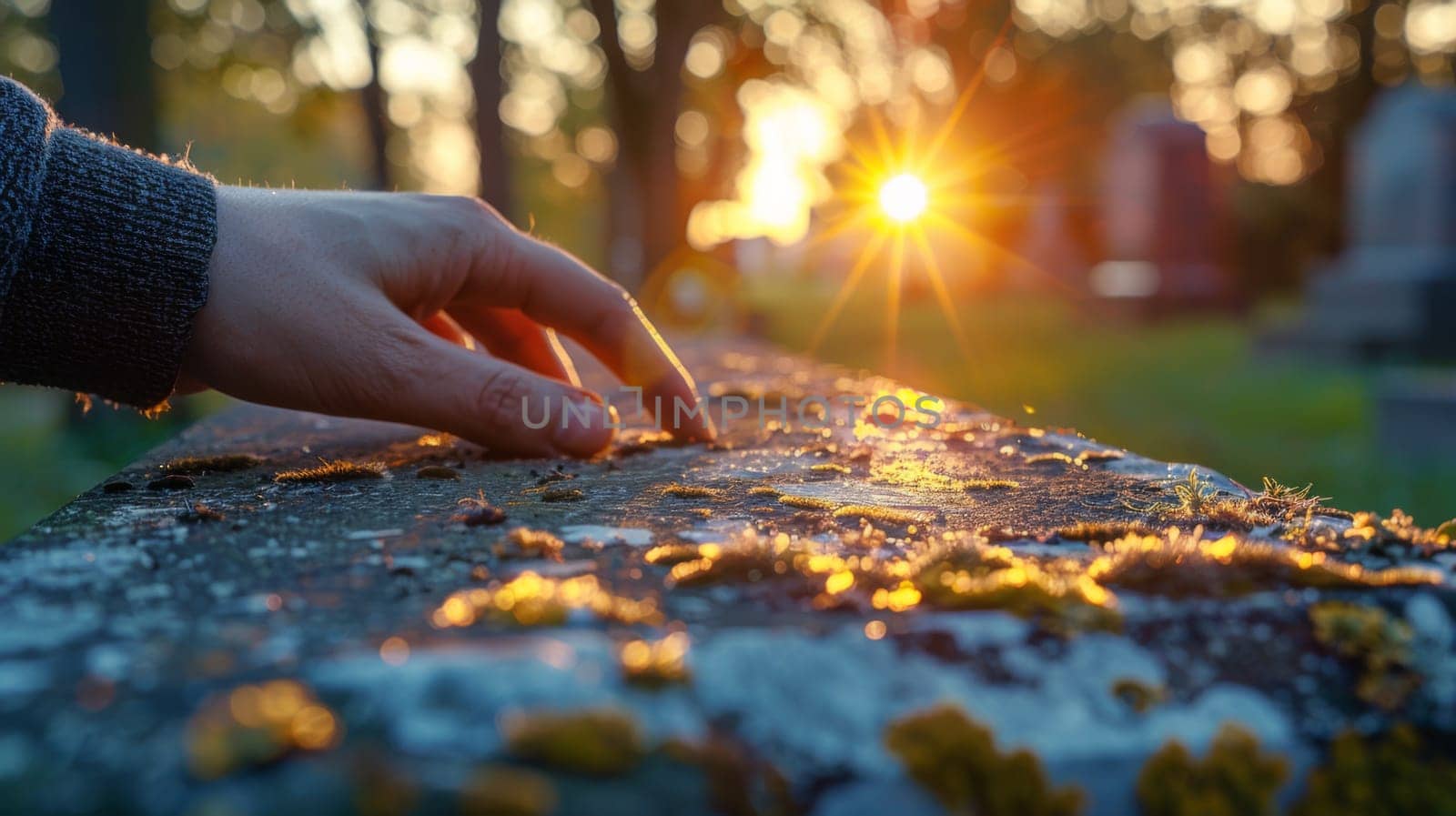 A person touching a stone with moss on it at sunset
