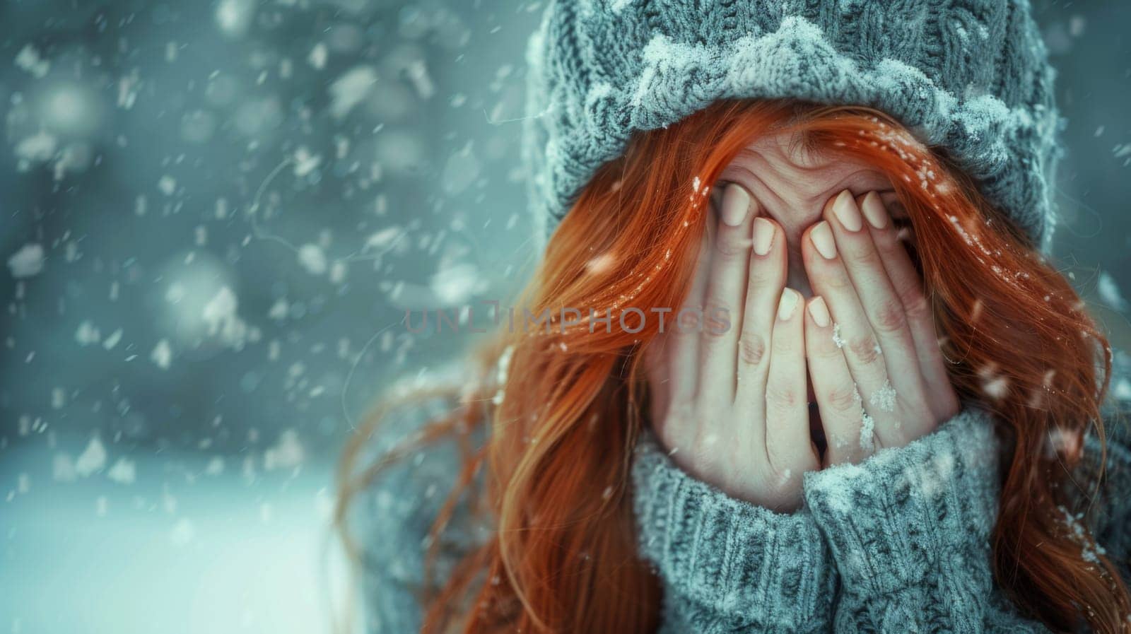 A woman with red hair covering her face in the snow