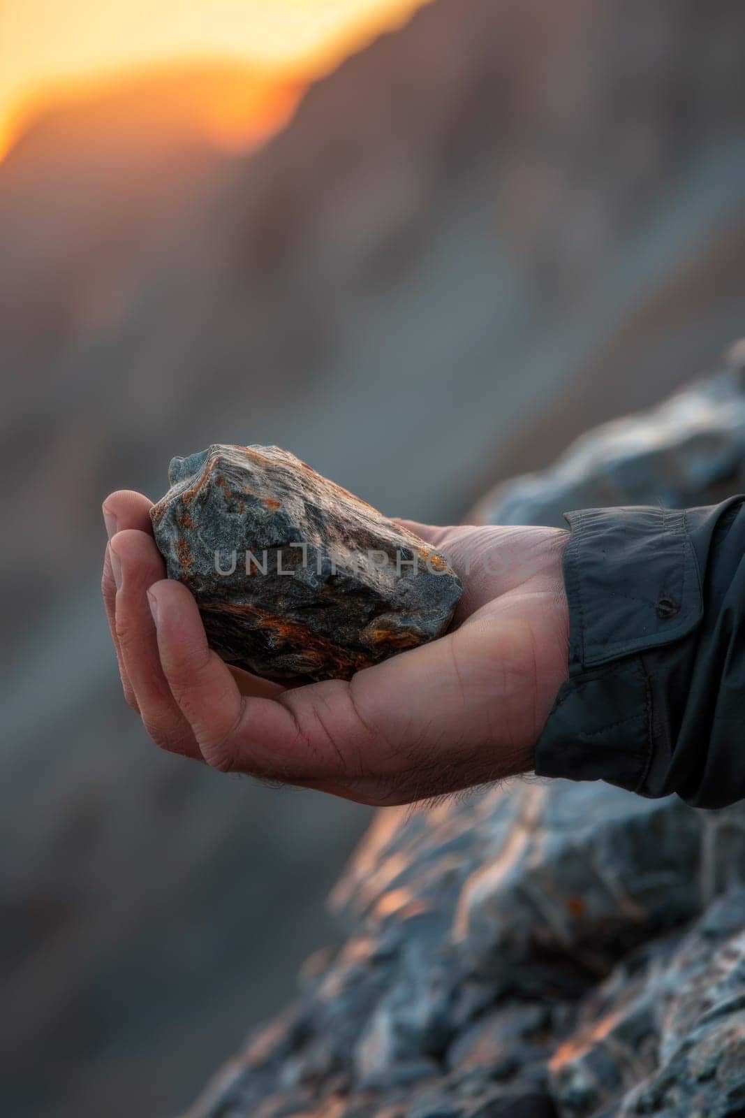 A person holding a rock in their hand on top of the mountain