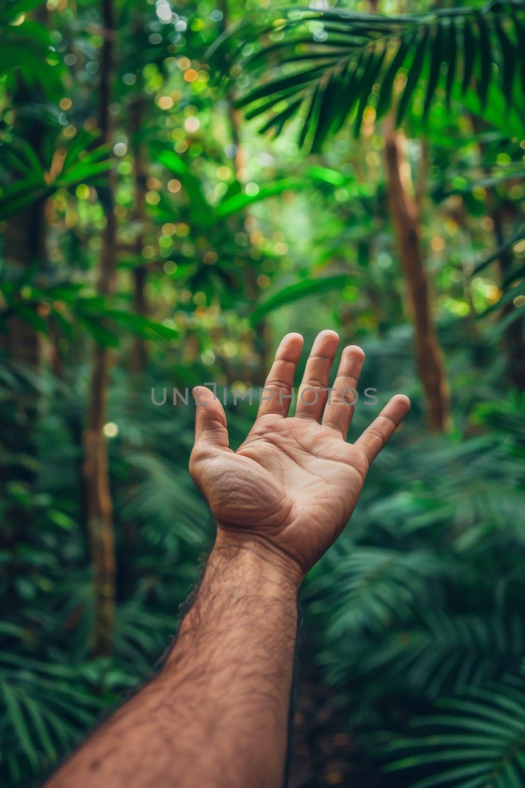 A man reaching out to touch a tree in the middle of some green forest