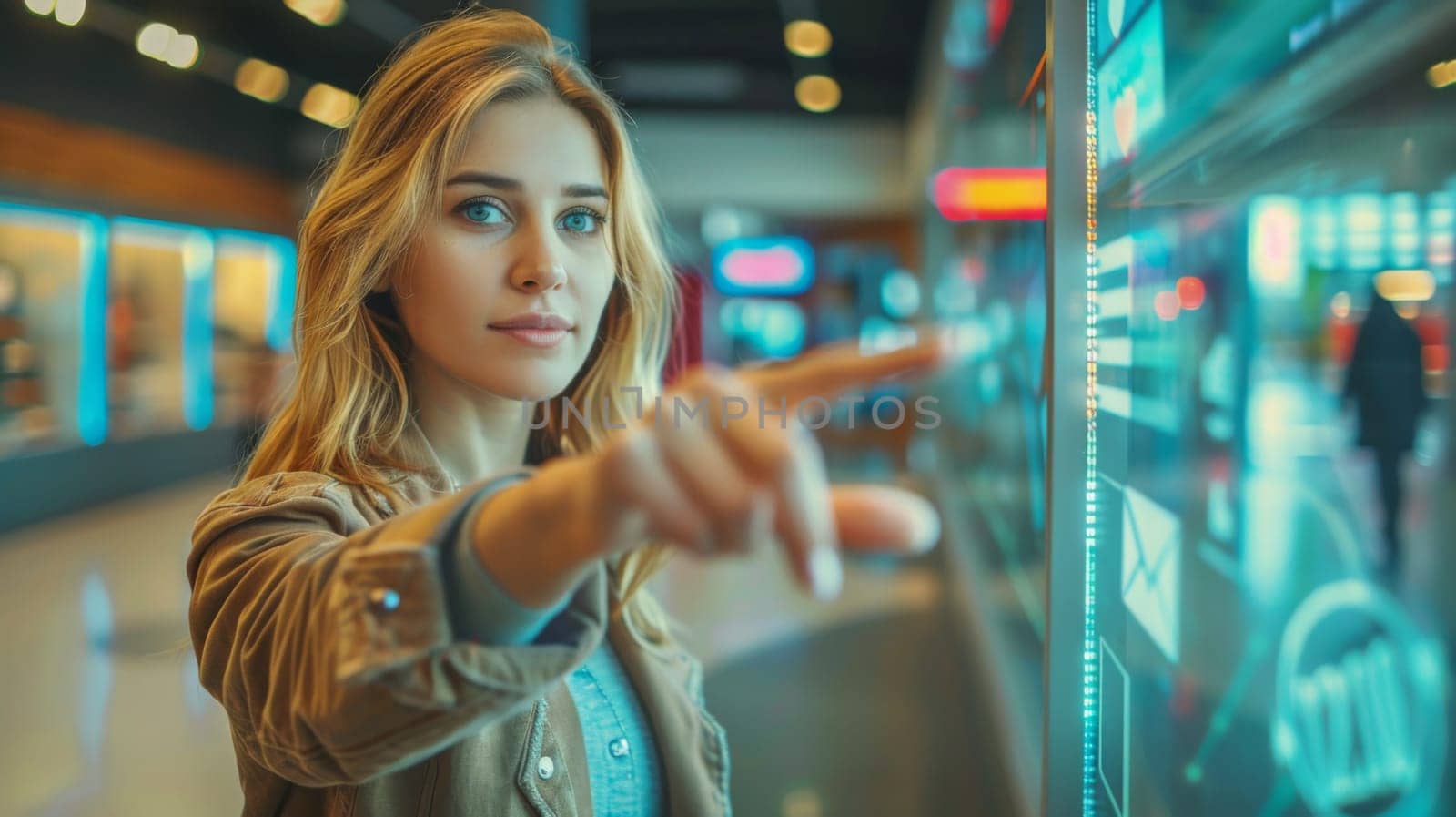 A woman pointing at something in a store with her finger