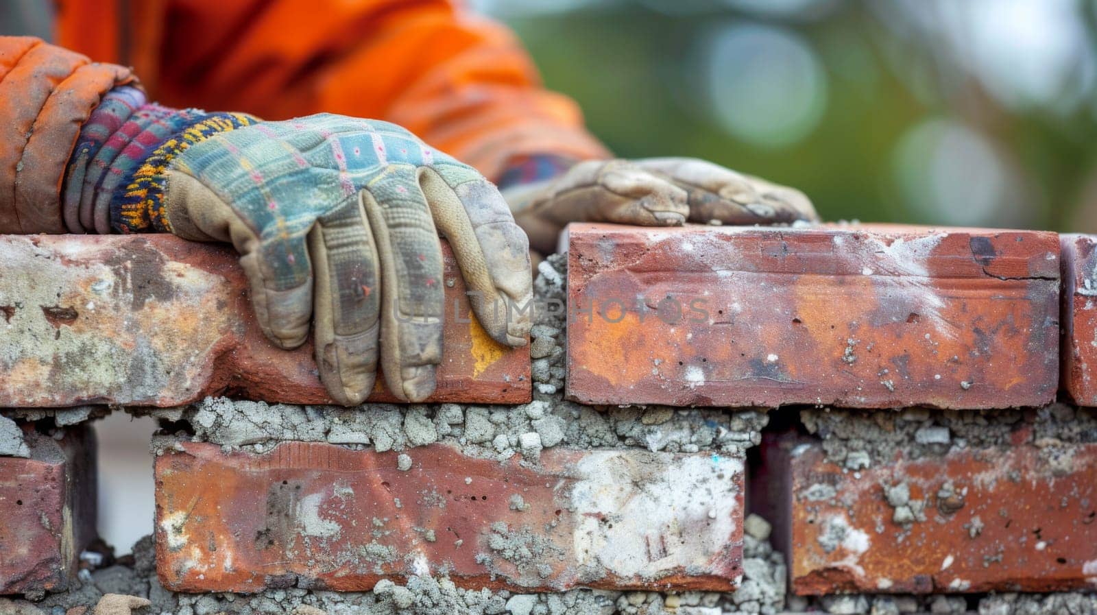A man in a hard hat and gloves is holding up bricks