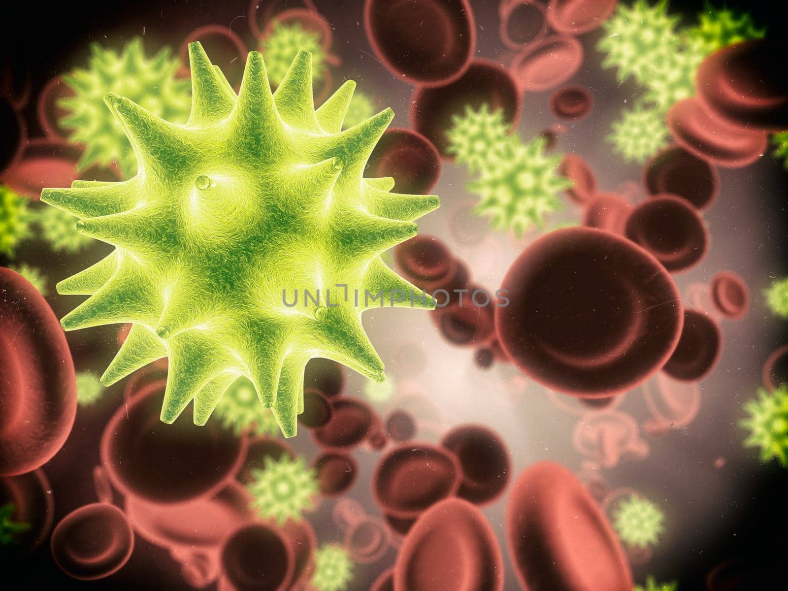 Blood, virus and molecule with abstract, render or illustration of bacteria cell. Immune system, micro biology and sick for science, microscope and medical research for sepsis or senolytics treatment by YuriArcurs