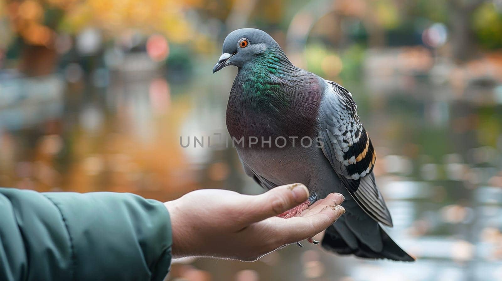 A person holding a bird in their hand by the water