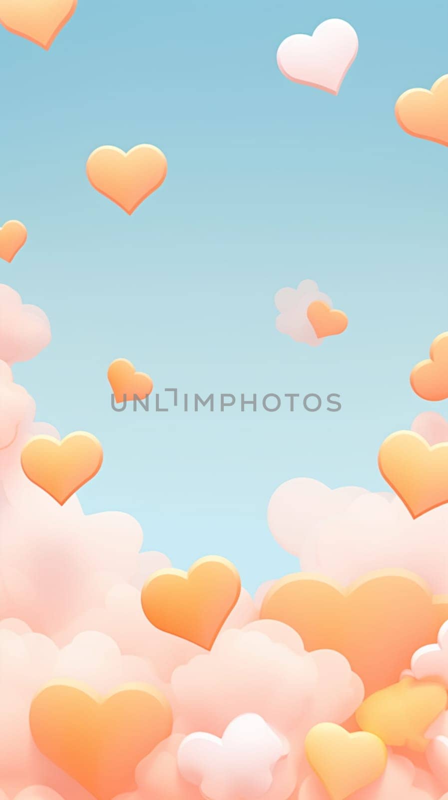 A whimsical display of pastel-colored hearts interspersed with fluffy clouds against a soft blue sky, creating a dreamlike atmosphere - Generative AI