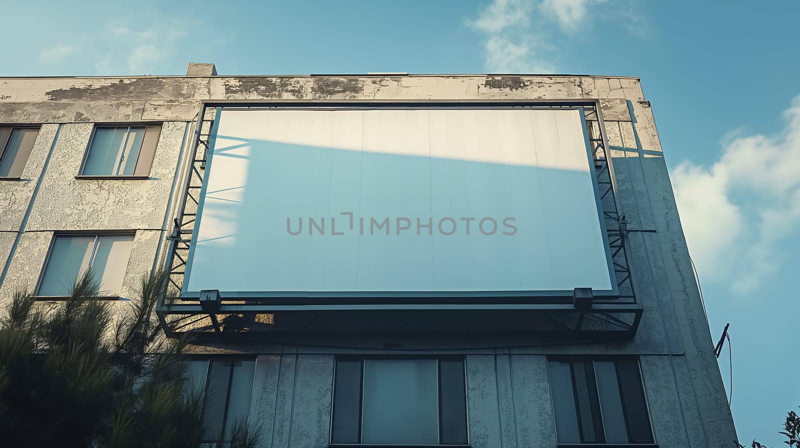 Large empty advertisement billboard on the side of a modern building against a clear sky, ideal for branding mockups - Generative AI