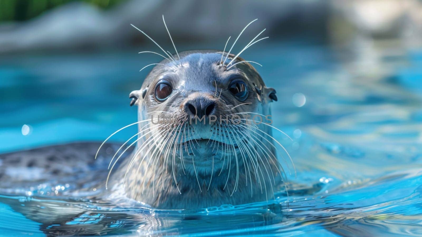 A seal swimming in a pool with water and rocks