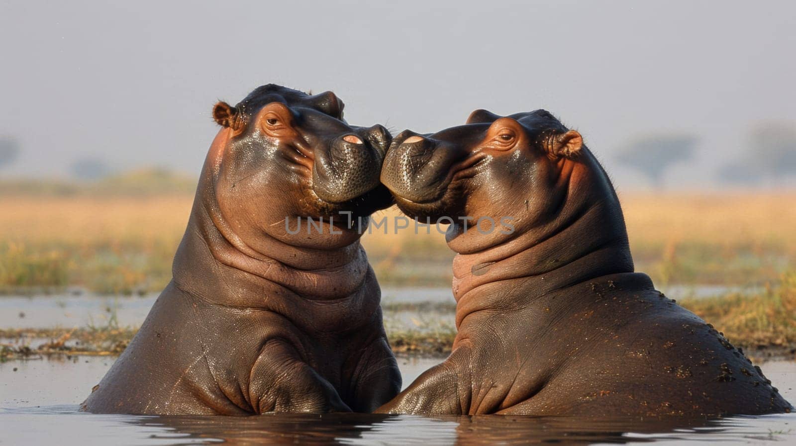 Two hippos are in the water and one is touching its nose to another