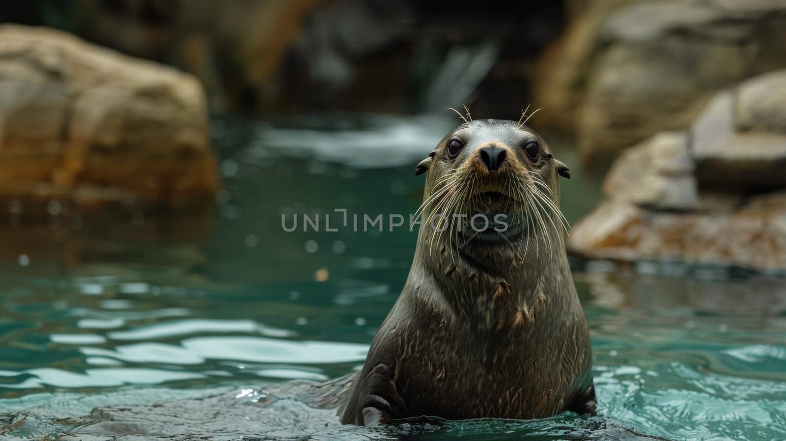 A seal in the water with rocks behind it and a waterfall