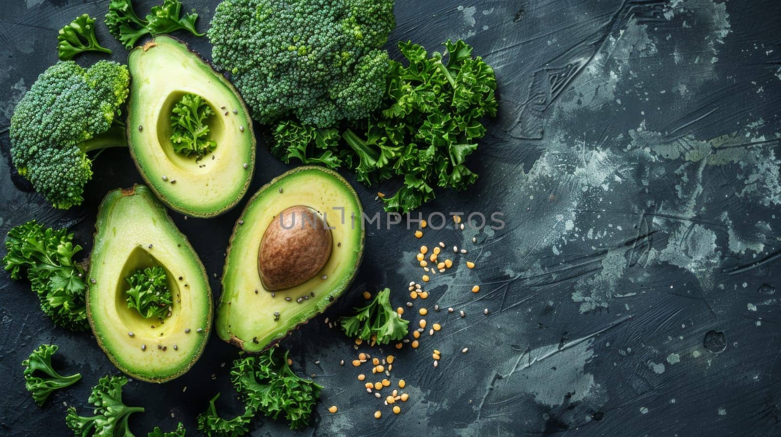 A close up of avocado, broccoli and seeds on a dark surface