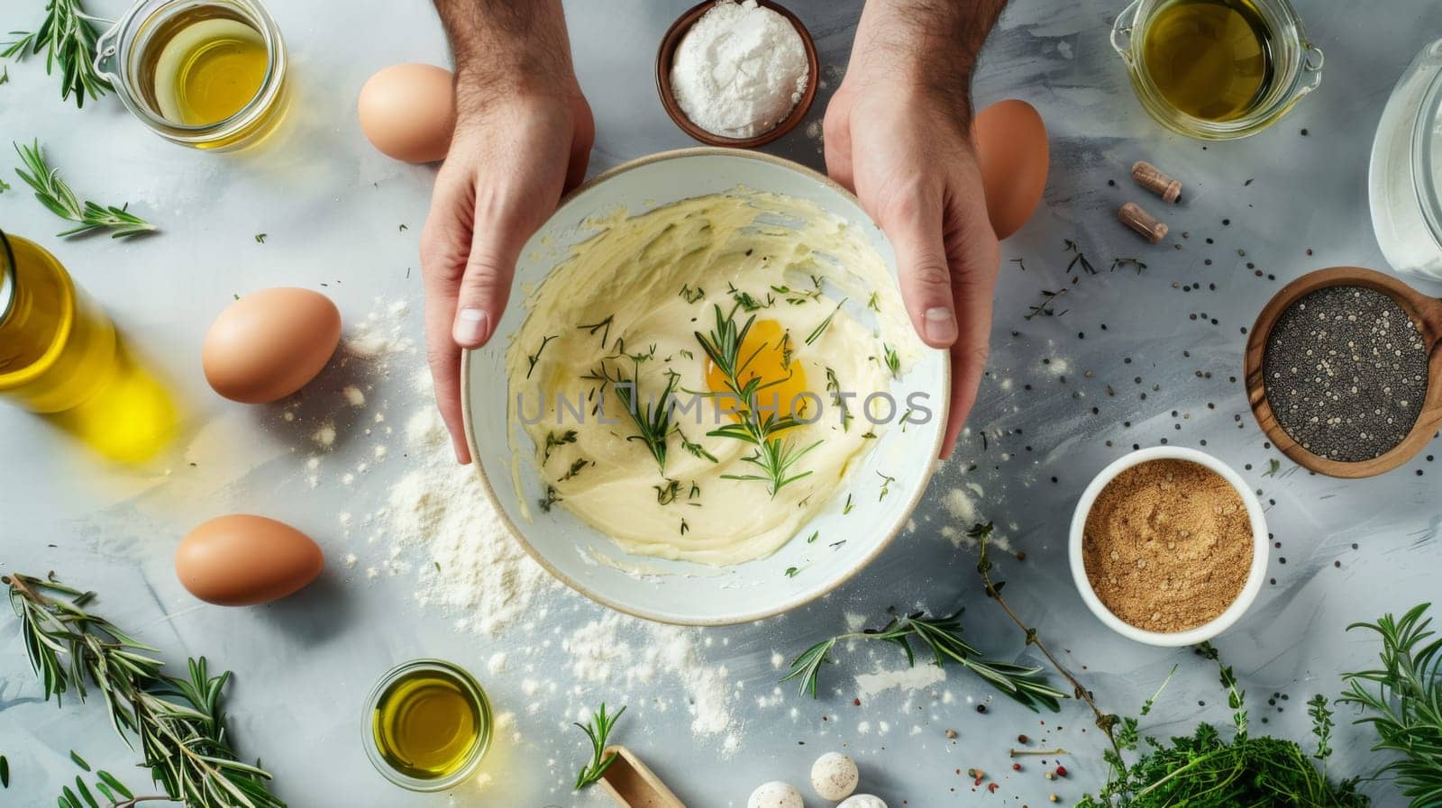 A person holding a bowl of food with ingredients on top