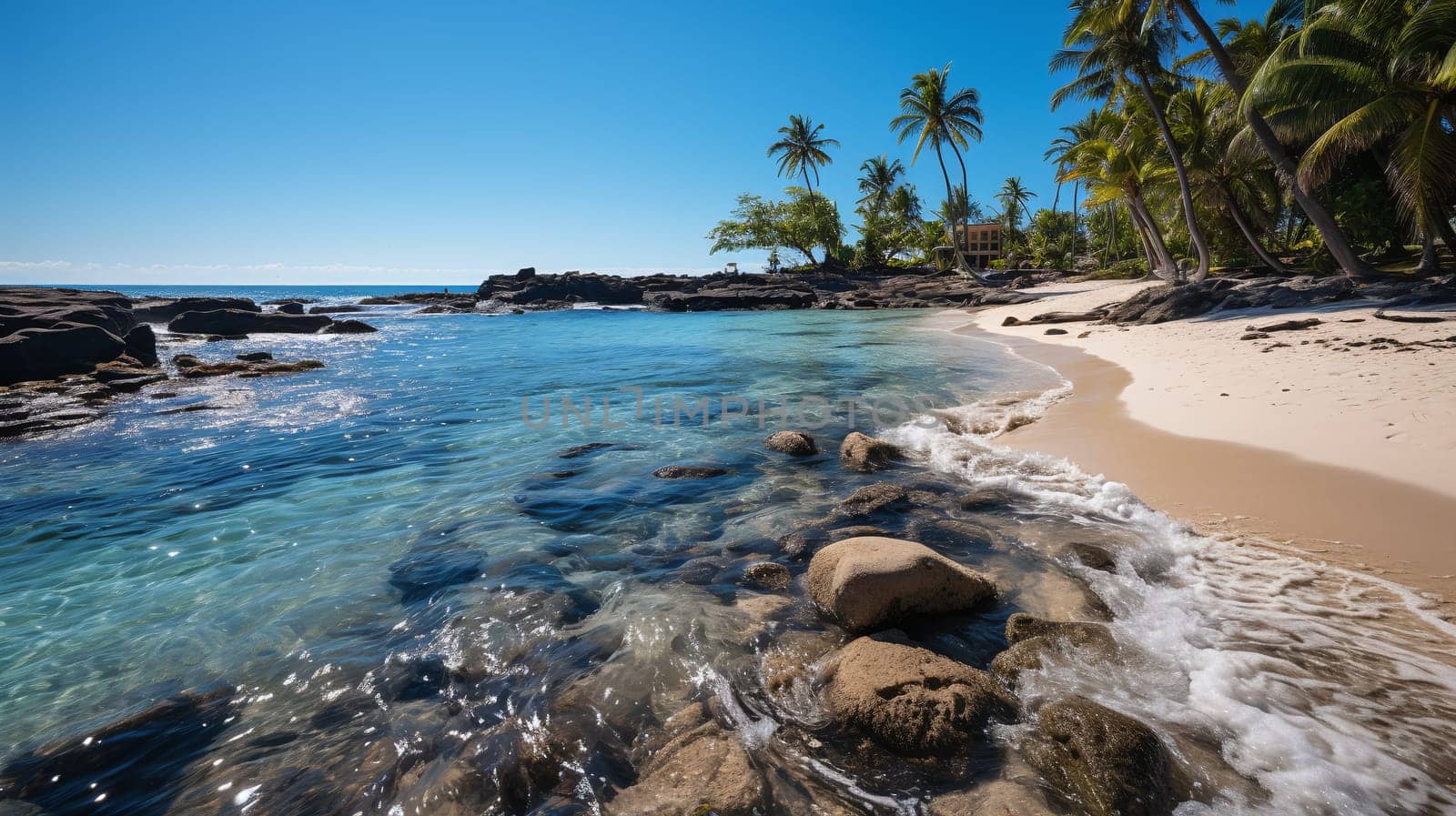 A tranquil beach scene with clear, shallow waters leading to a soft sandy shore lined with lush palm trees and rocks under a bright sky - Generative AI