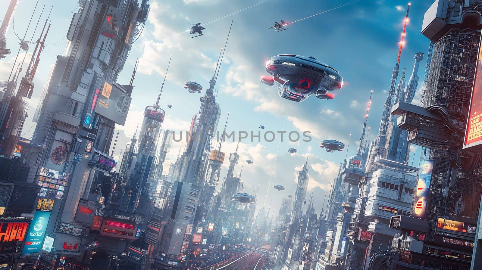 Futuristic Cityscape With Flying Vehicles and Neon Billboards by chrisroll