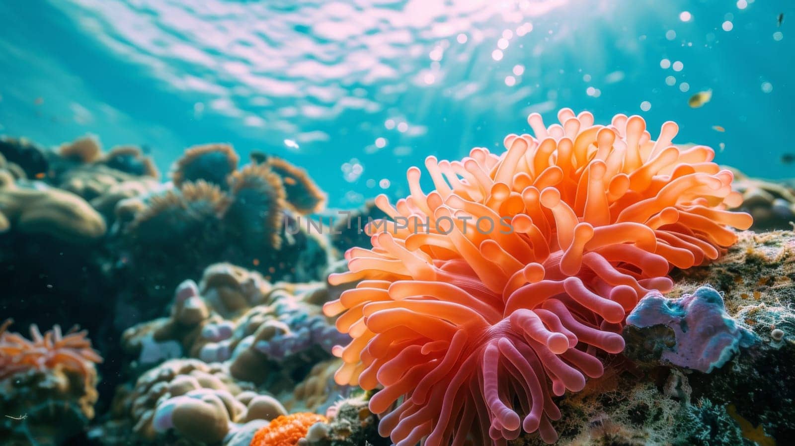 A close up of an orange sea urchin on a coral reef