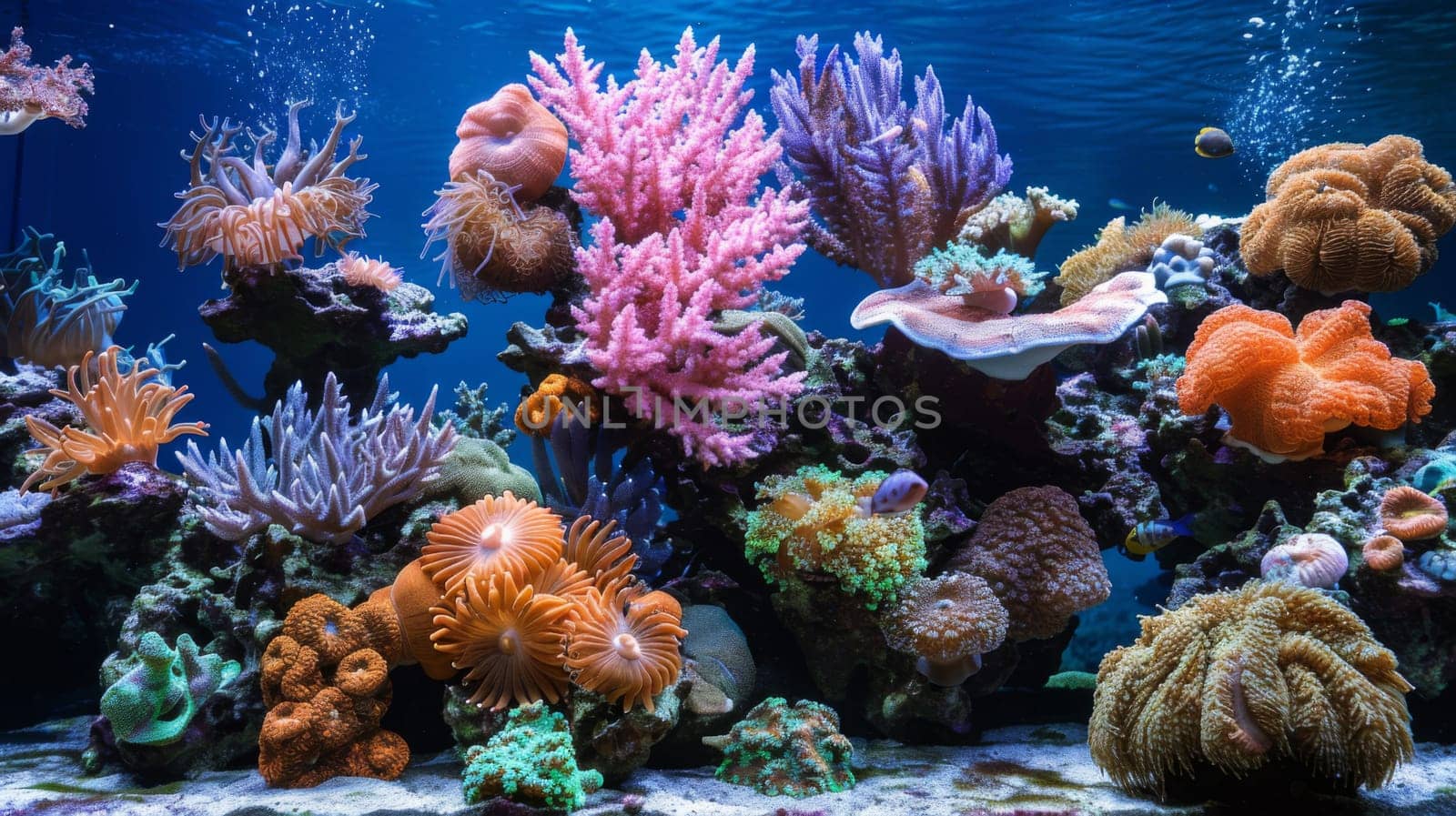 A large aquarium with many different types of corals and fish