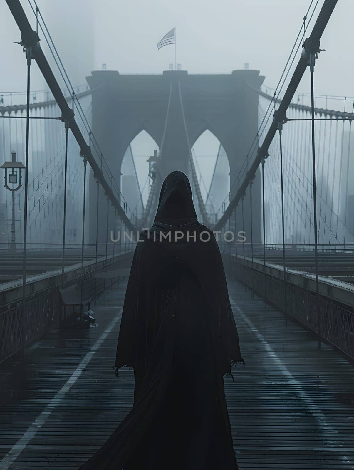 A person crosses a foggy bridge, surrounded by mist and darkness by Nadtochiy