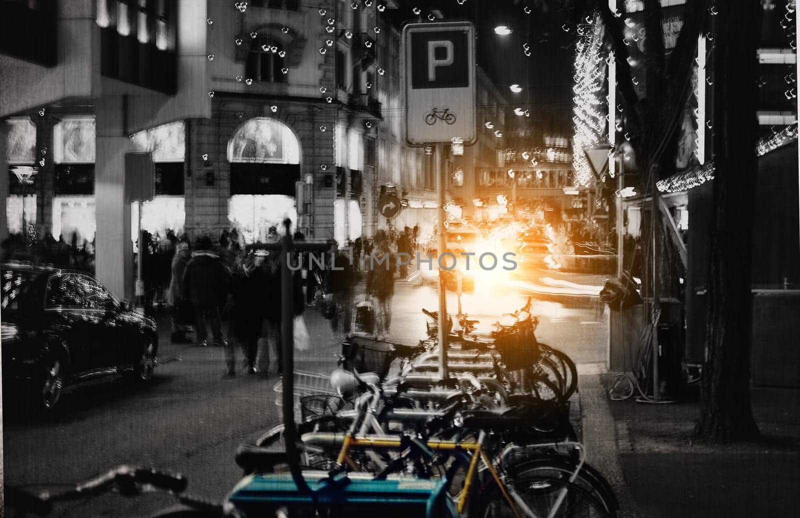 Urban town, black and white with city street and buildings with New York and travelling. Metro, outdoor and flare with monochrome and nightlife with transportation and people with road and bike.