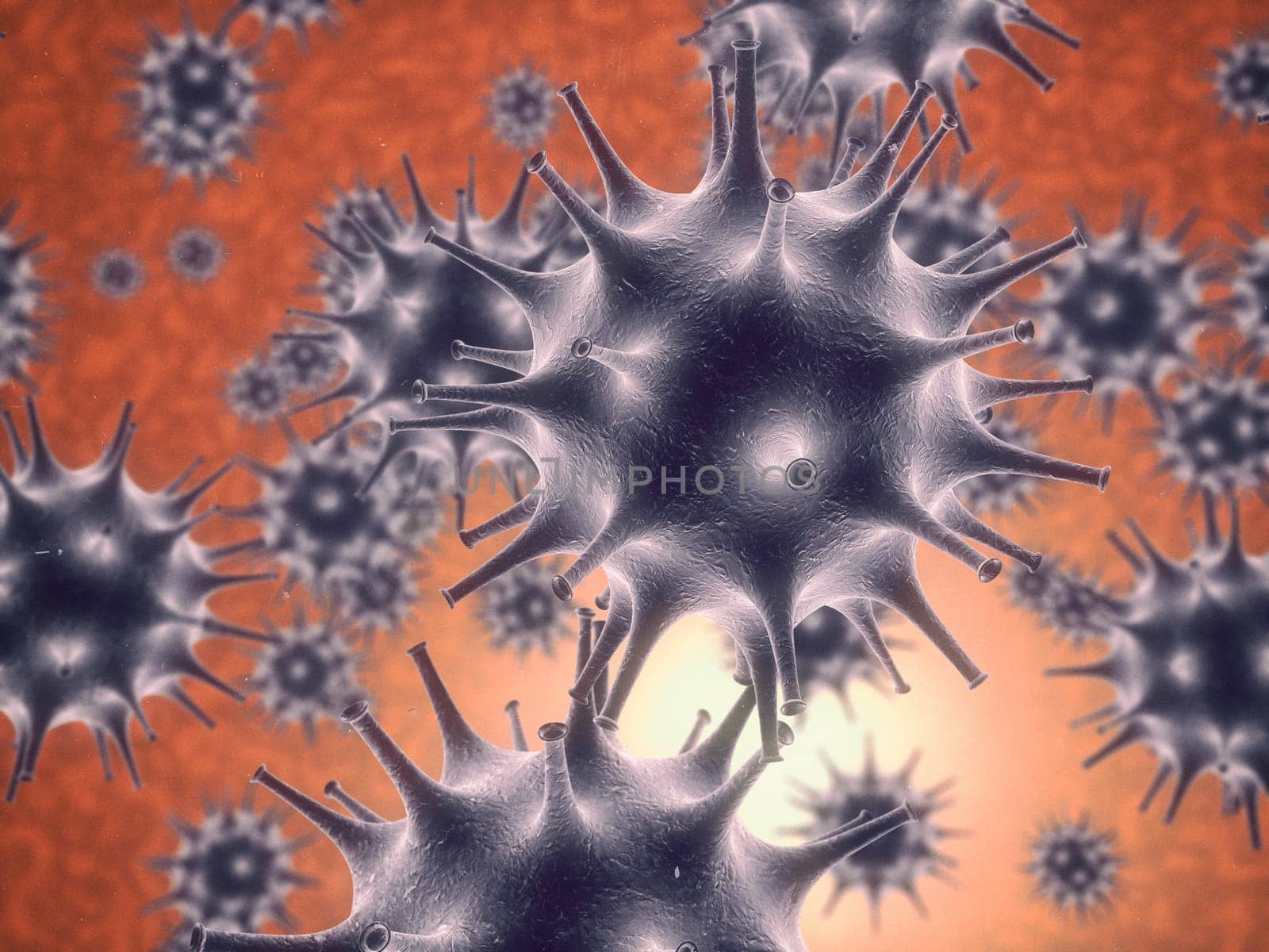 Infection, cell and molecule with abstract, render or illustration of virus. Immune system, micro biology and sick for science, microscope and medical research for sepsis or senolytics treatment.