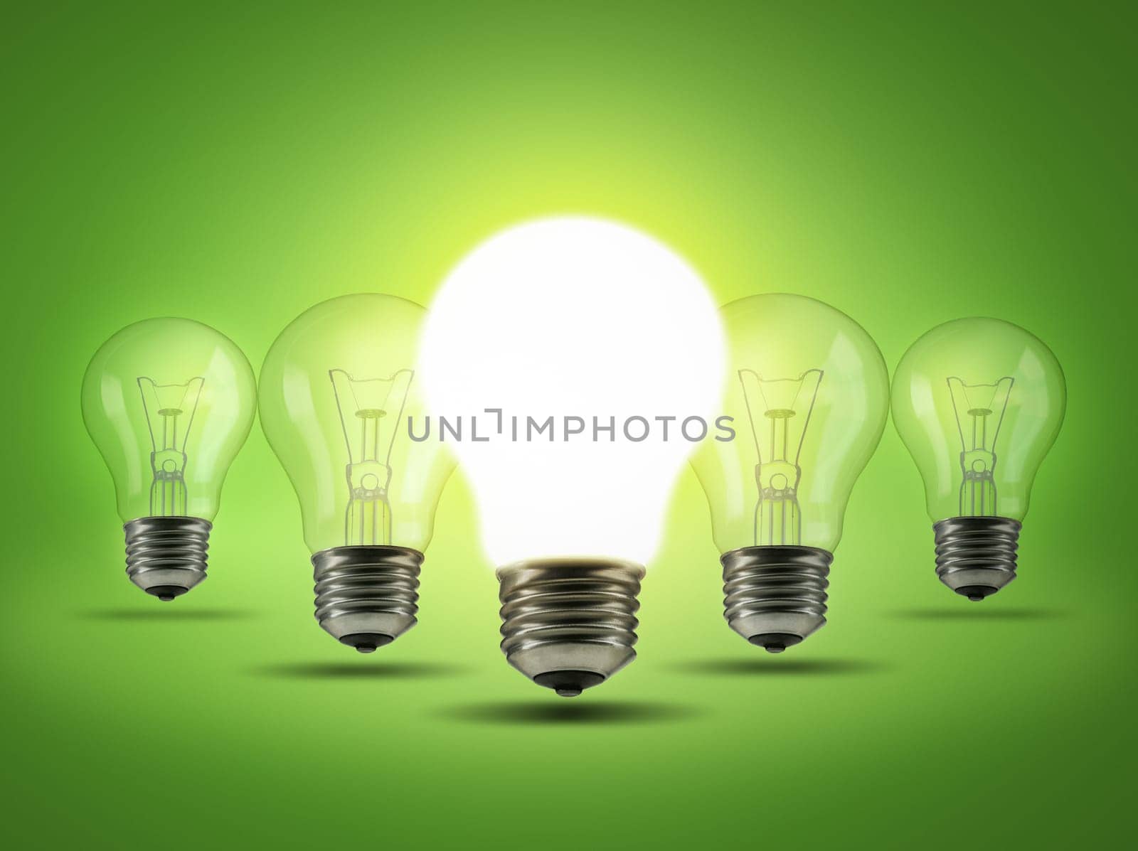 Light bulb, row and green background for bright, electricity and idea for innovation or inspiration. Energy, lighting or glowing for solution, unique creativity knowledge for power or outstanding.