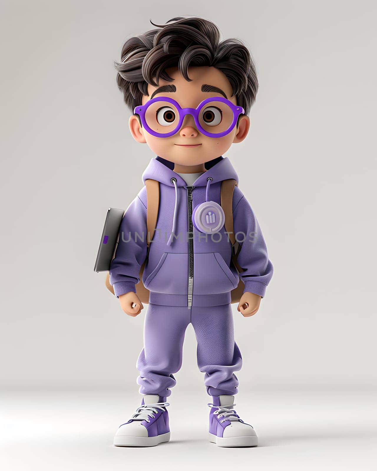 A cartoon boy in a purple hoodie and glasses is holding a book, he looks like a fictional character action figure with an electric blue toy sleeve and a toy gesture