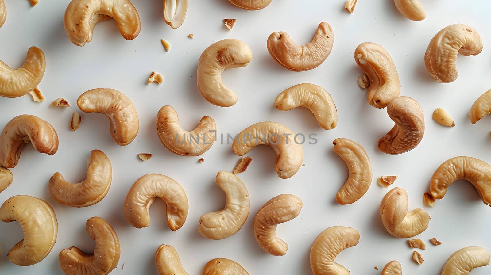 Cashews, a popular ingredient in many cuisines, sit on a white surface by Nadtochiy