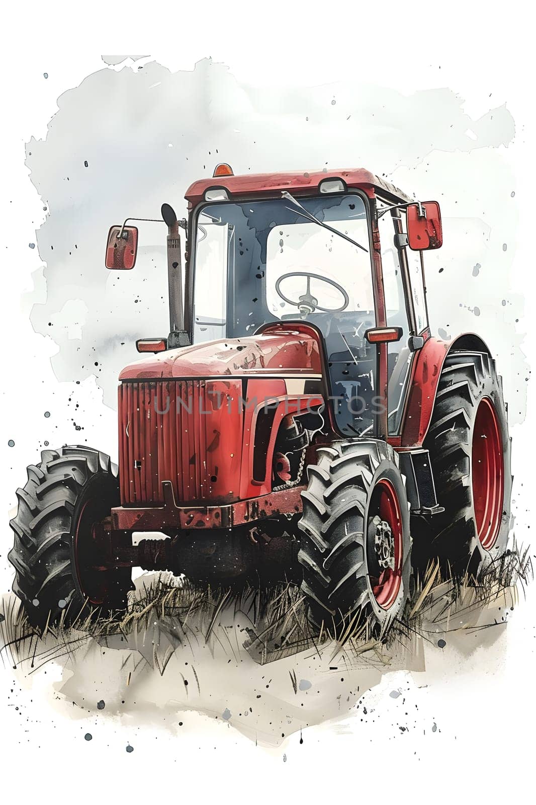 Red tractor with mudcovered wheels navigating through watercolor painting by Nadtochiy