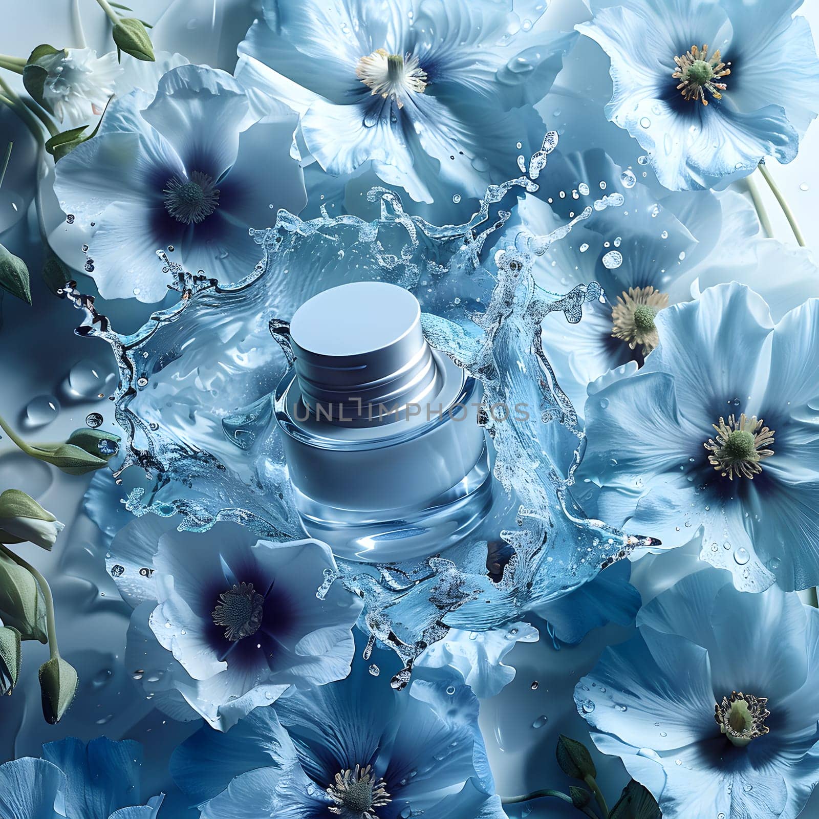 An aqua bottle of perfume is encased by azure flowers, resembling a fresh spring. The liquid inside mimics the clear fluidity of mineral water, enhancing the floral petal scent