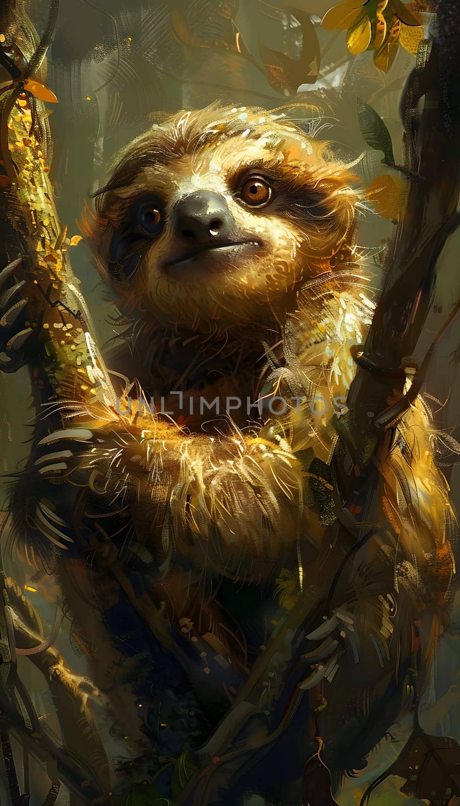 A threetoed sloth is depicted hanging from a tree branch in a jungle painting, showcasing its terrestrial animal characteristics and fur