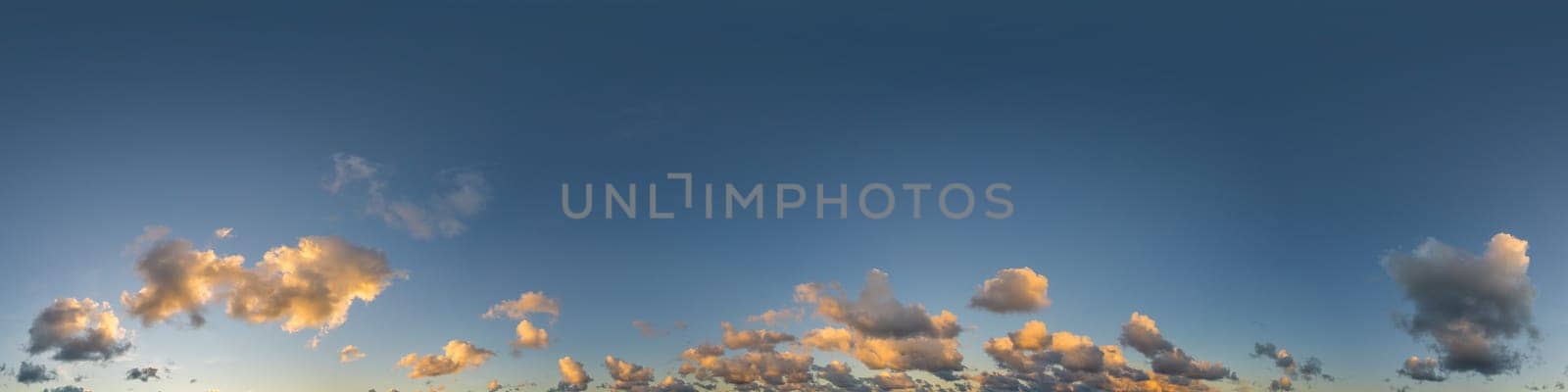 Sky panorama with Cirrus clouds in Seamless spherical equirectangular format. Full zenith for use in 3D graphics, game and editing aerial drone 360 degree panoramas for sky replacement