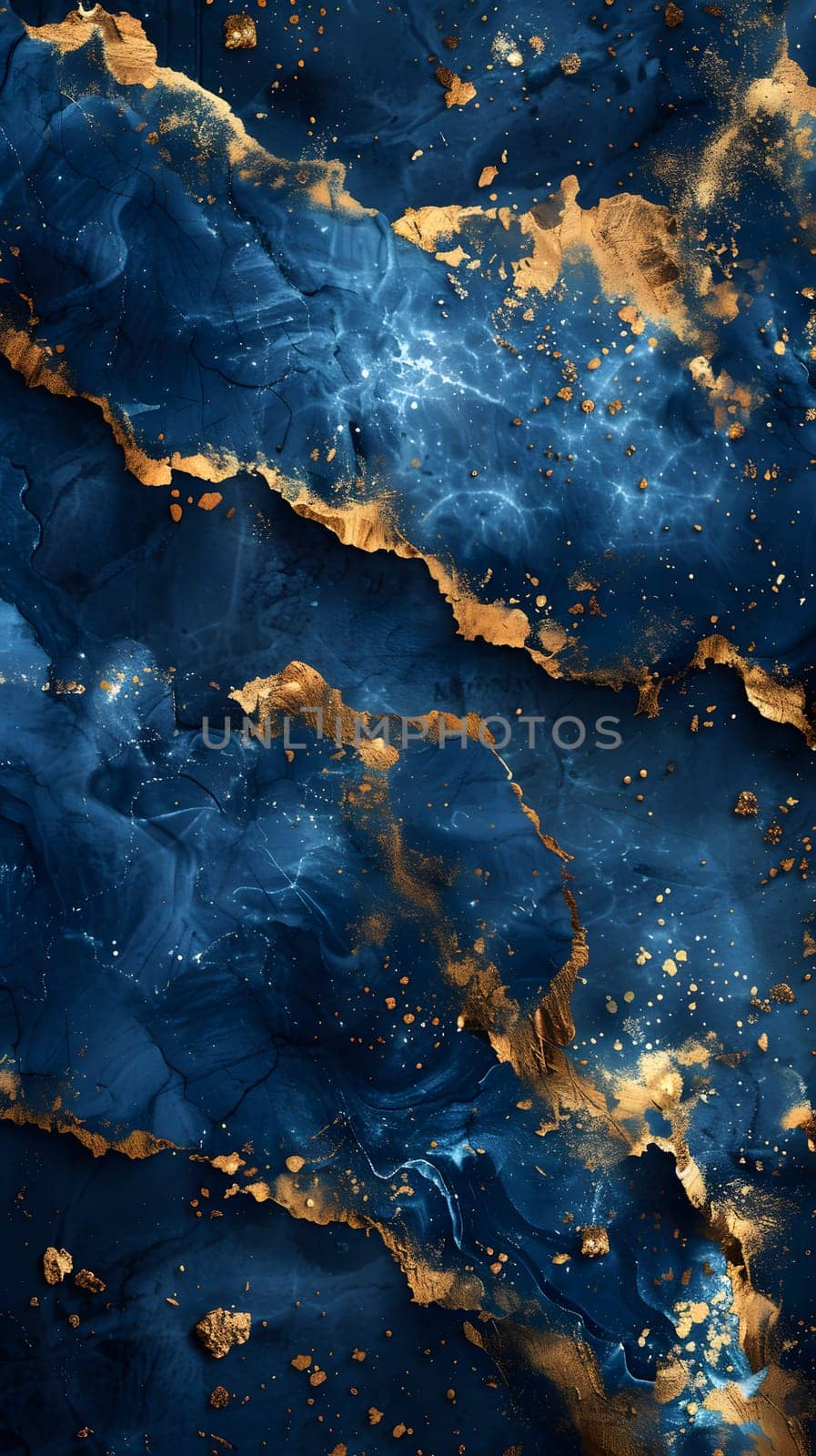 A close up of a swirling blue and gold marble texture resembling an electric blue pattern of a liquid atmosphere in a natural landscape