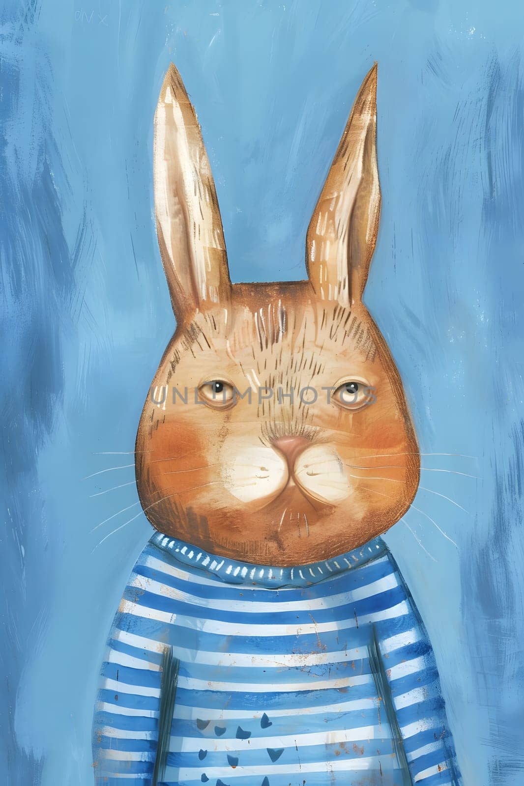 Artistic painting of a bunny in an electric blue and white striped shirt by Nadtochiy