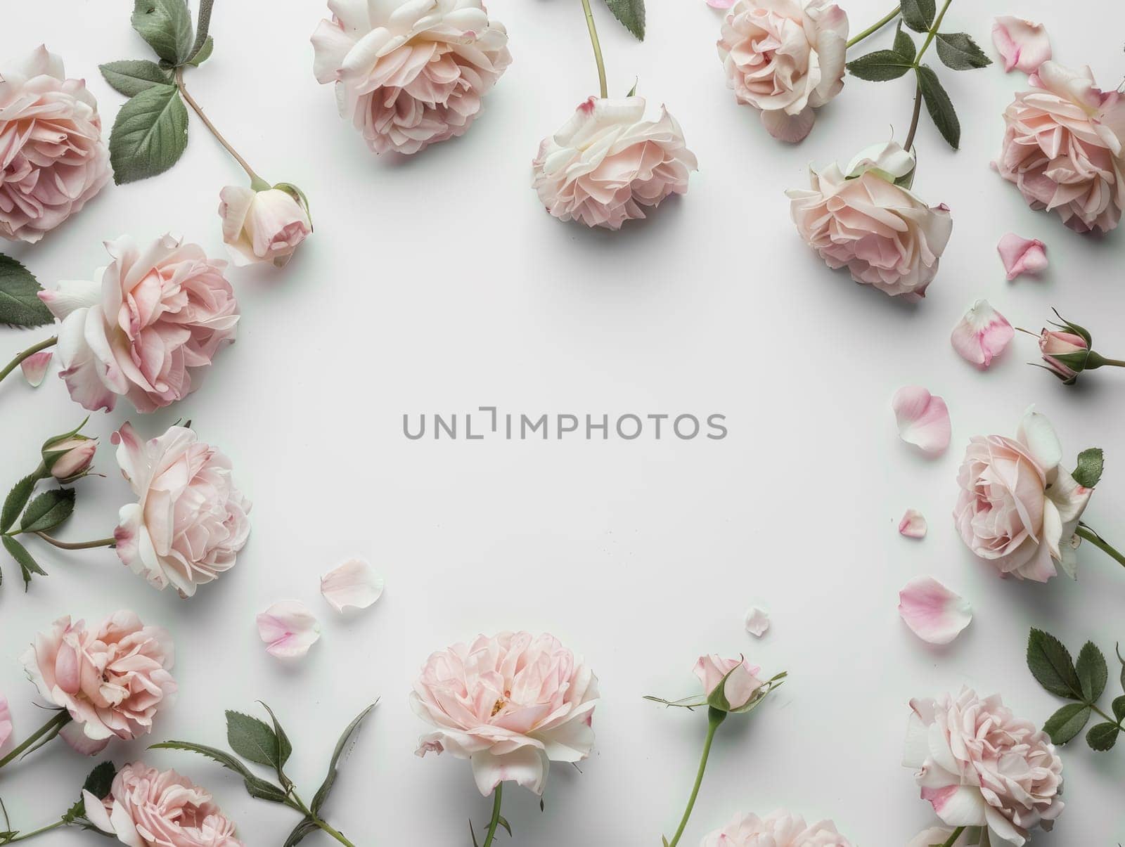 Pale pink roses and petals arranged in circular frame on white background, romantic floral design with copy space, top view. Ai generation. High quality photo