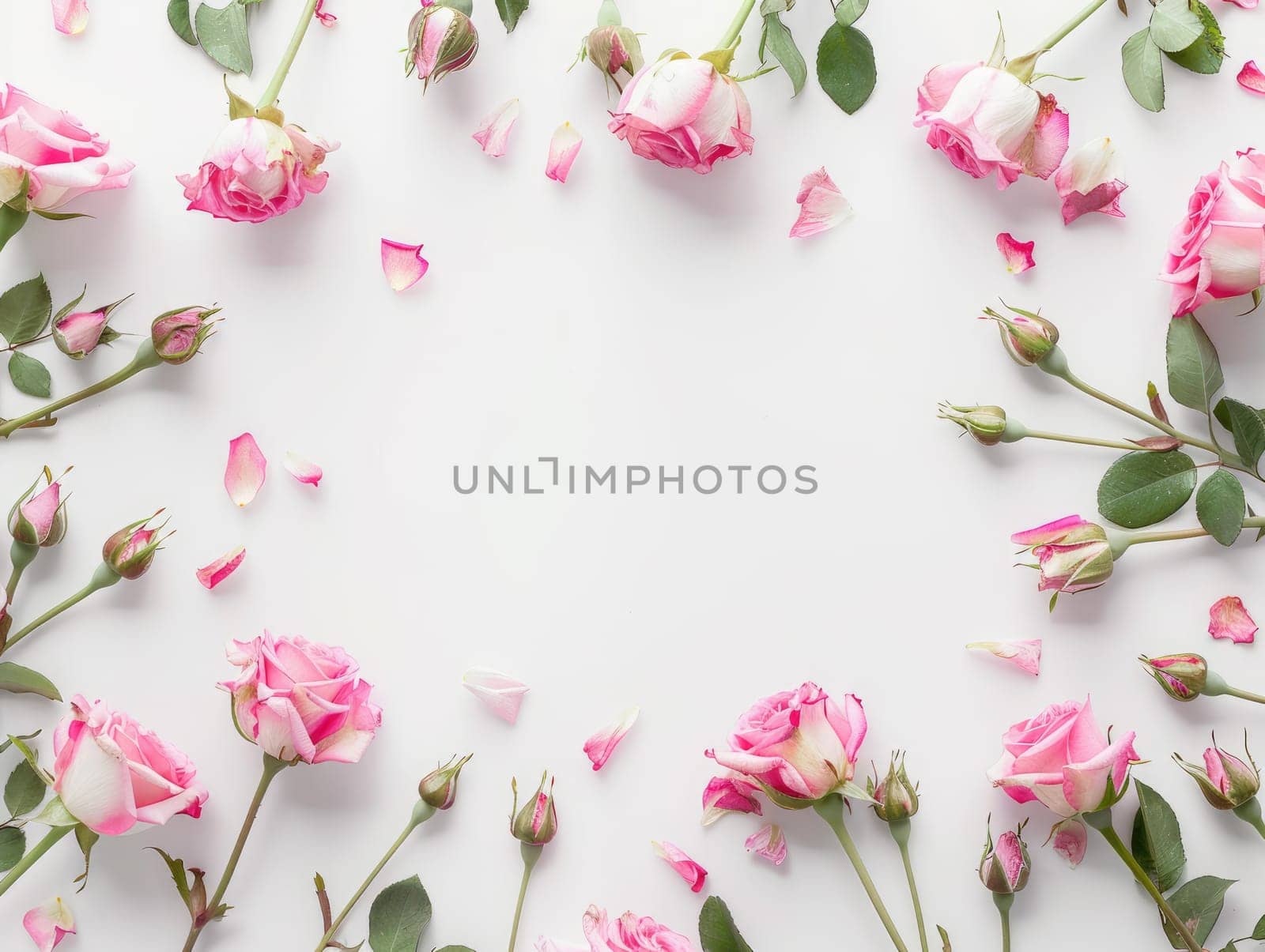 Pink roses with buds and green leaves arranged in frame on white background with copy space, floral flat lay with empty space. Wedding and romantic concepts. Ai generation. High quality photo