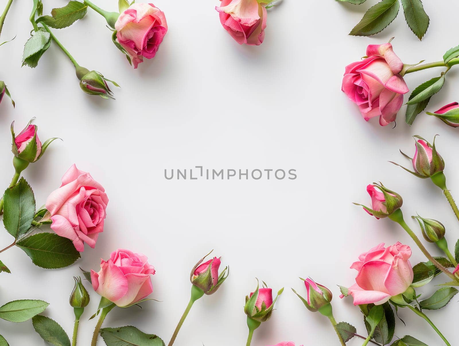 Pink roses with buds and green leaves arranged in frame on white background with copy space, floral flat lay with empty space. Wedding and romantic concepts. Ai generation. High quality photo