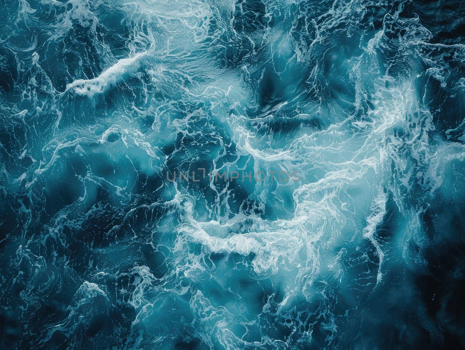 Top view of ocean waves churning with foam, creating intricate patterns of white and deep blue, dynamic water texture. Marine background. Ai generation. High quality photo