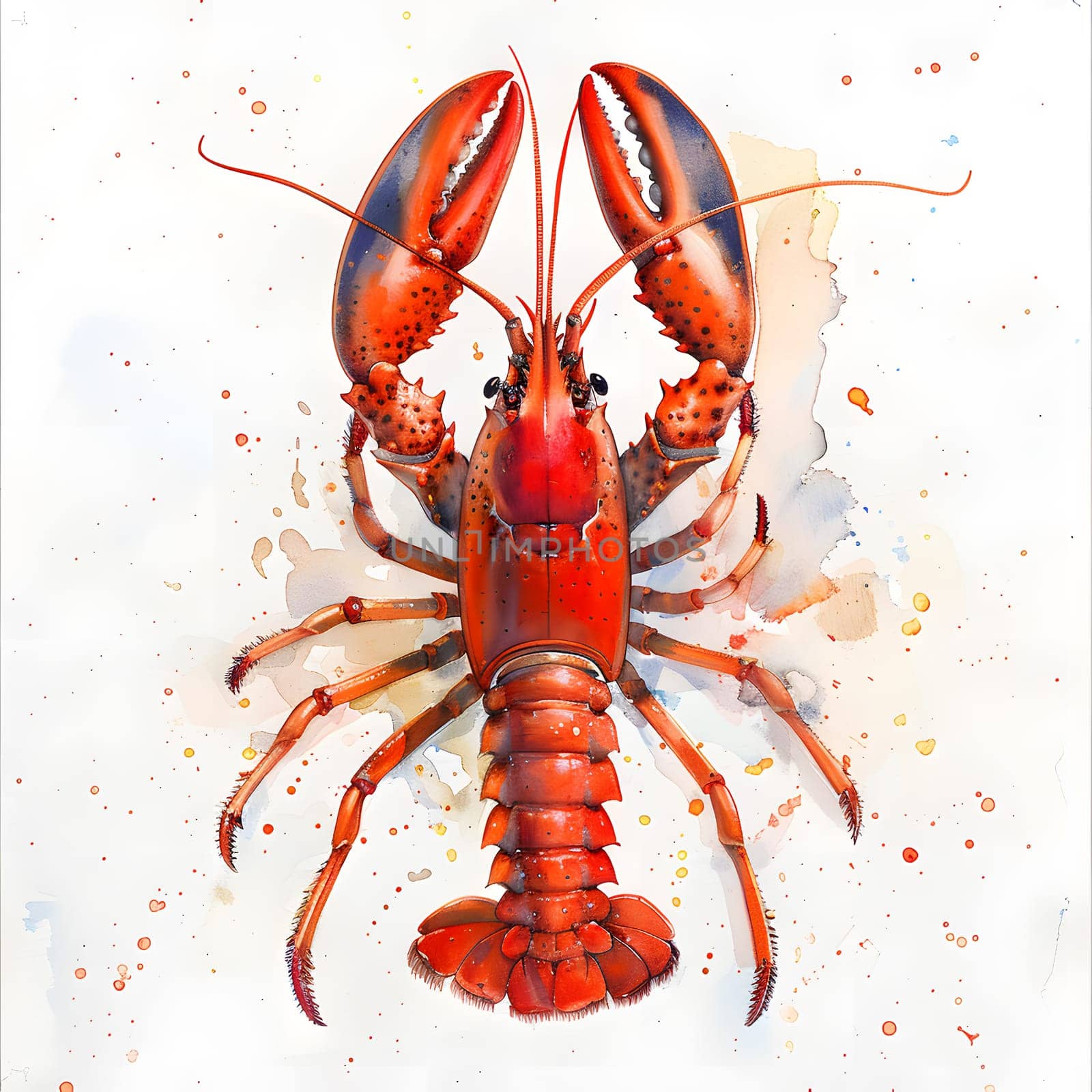 A fluid watercolor painting of an electric blue lobster, an arthropod crustacean from the Decapoda order, on a white background, showcasing its invertebrate beauty