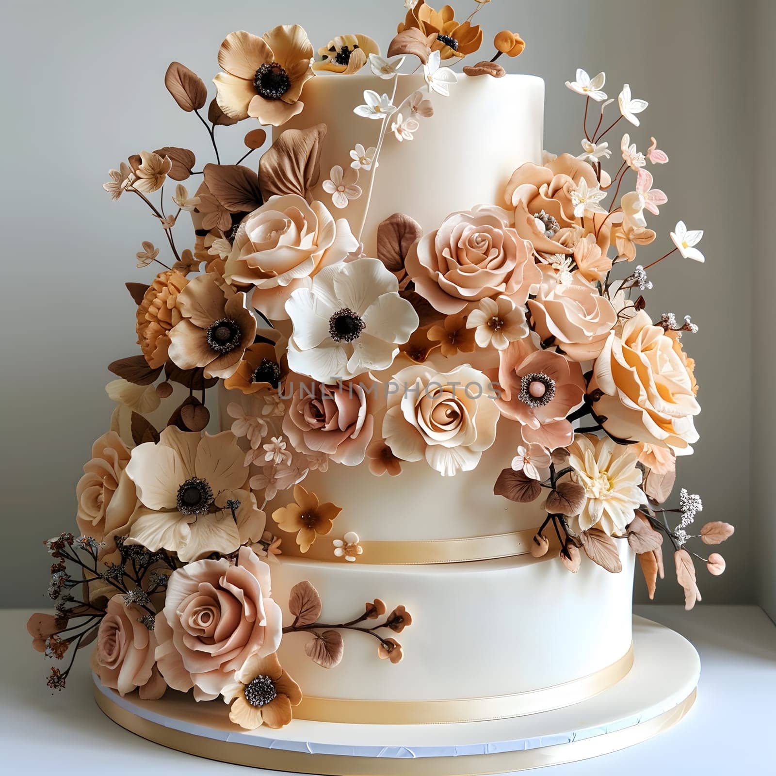 A threetiered wedding cake adorned with beautiful flowers, a stunning display of cake decorating and culinary artistry using fresh petals as an ingredient