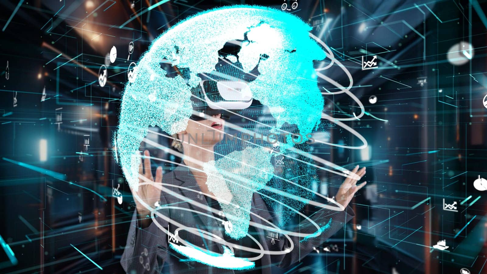 Businesswoman looking around data by VR upload turn around global. Contraption. by biancoblue