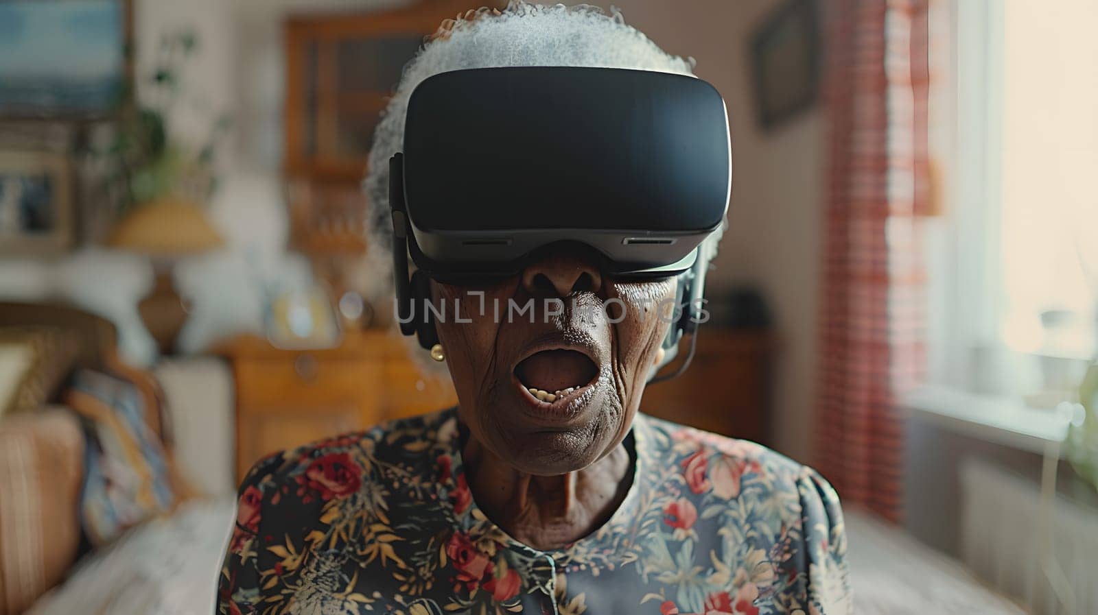 An elderly woman is wearing a virtual reality helmet in a living room, immersed in a fictional event. Her personal protective eyewear reflects the fictional characters facial hair and flesh