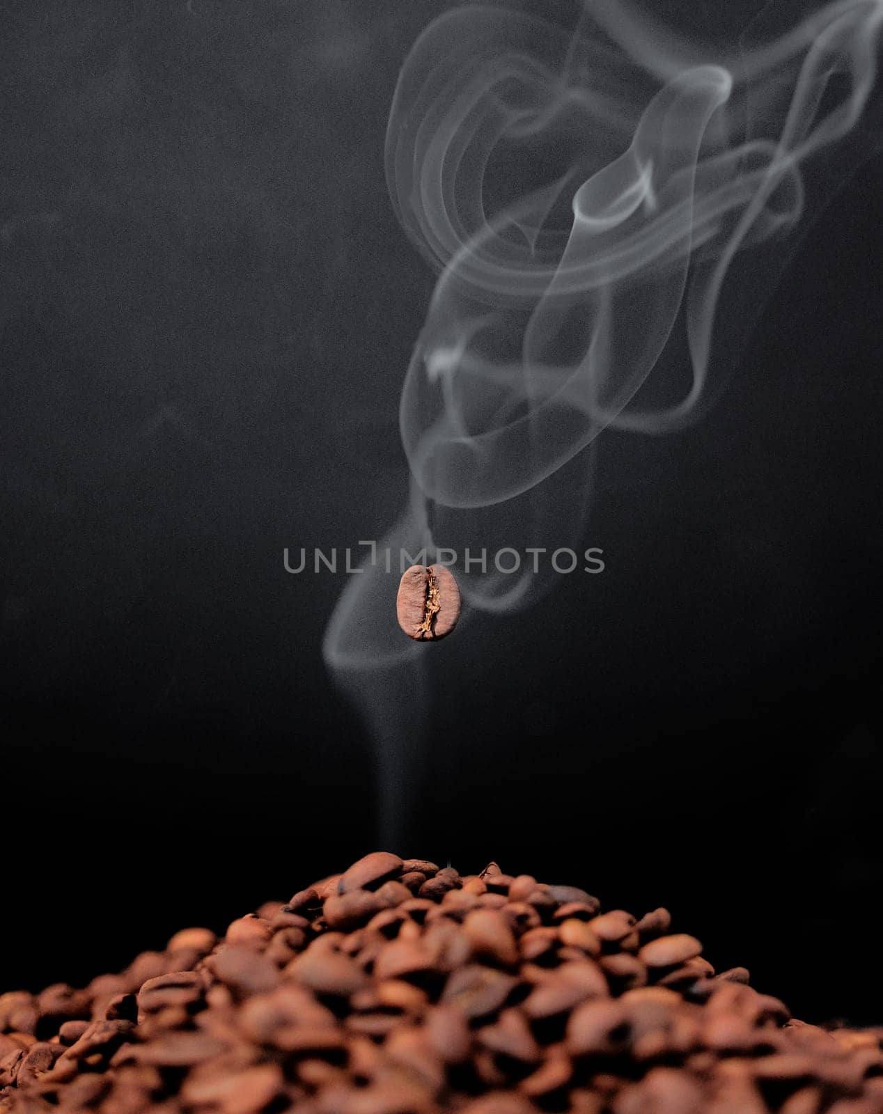 Studio, roasted coffee beans and smoke aroma for organic diet, flavor and black background. Art, seeds and texture of raw ingredient for espresso or scent, cappuccino and steam on mockup space.
