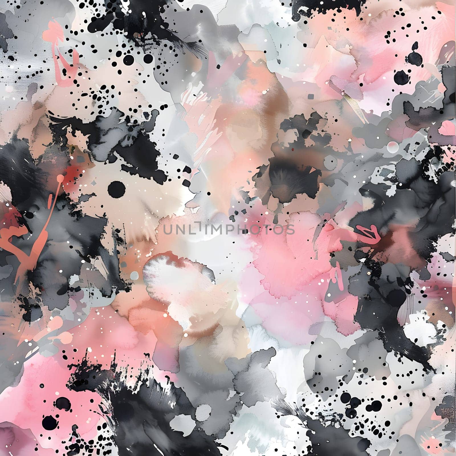 A vibrant mix of pink, black, and white paint splashes create a seamless pattern resembling petals on a white canvas. This artistic design brings a touch of magenta to the world of art