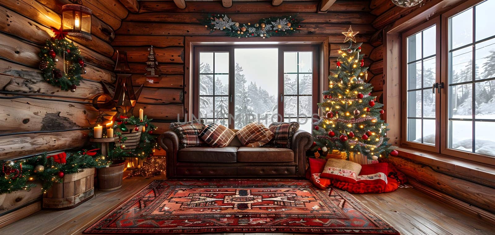 A cozy living room in a log cabin is adorned with Christmas decorations, featuring a couch and a beautifully decorated Christmas tree, creating a festive and warm atmosphere