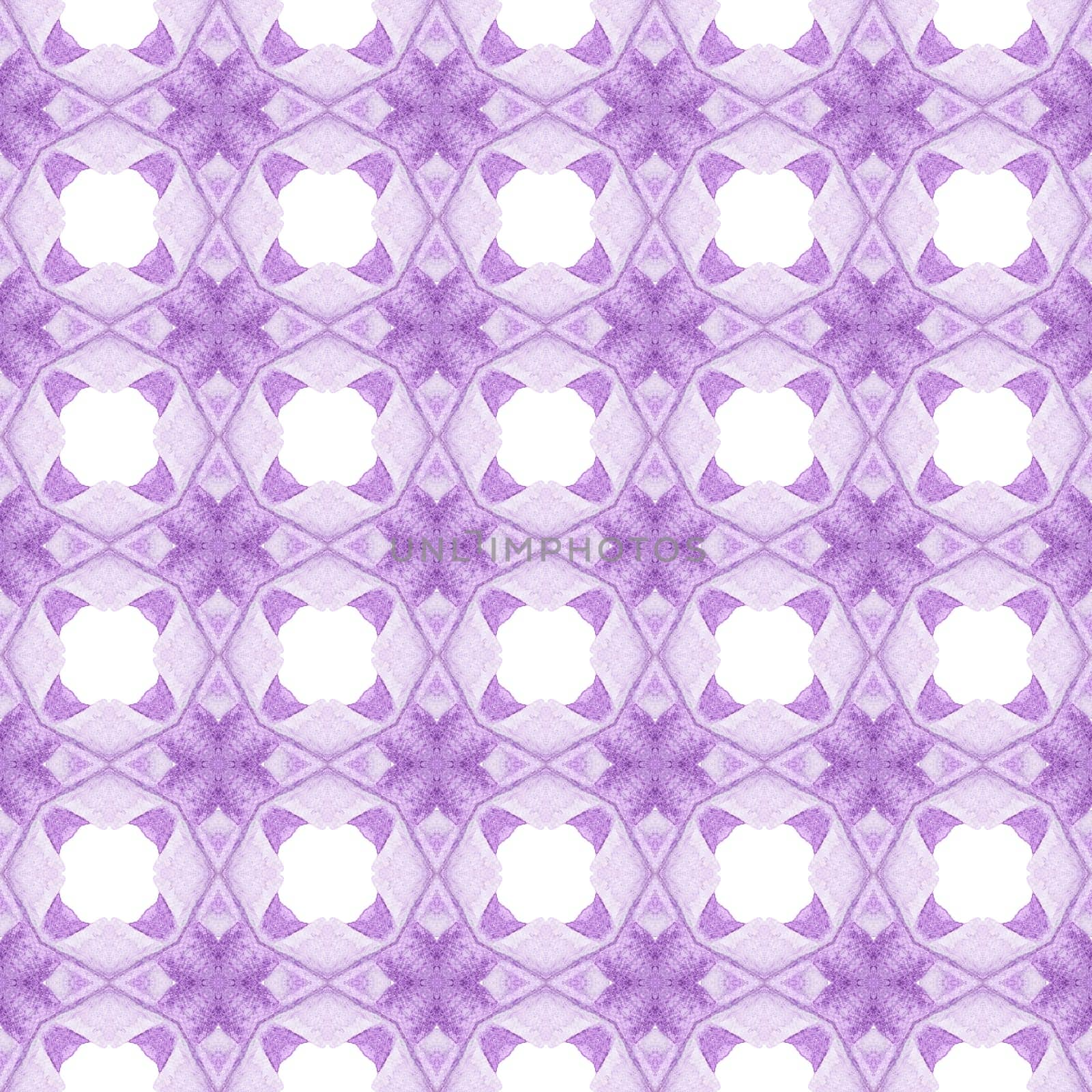 Tiled watercolor background. Purple dazzling boho chic summer design. Textile ready fancy print, swimwear fabric, wallpaper, wrapping. Hand painted tiled watercolor border.