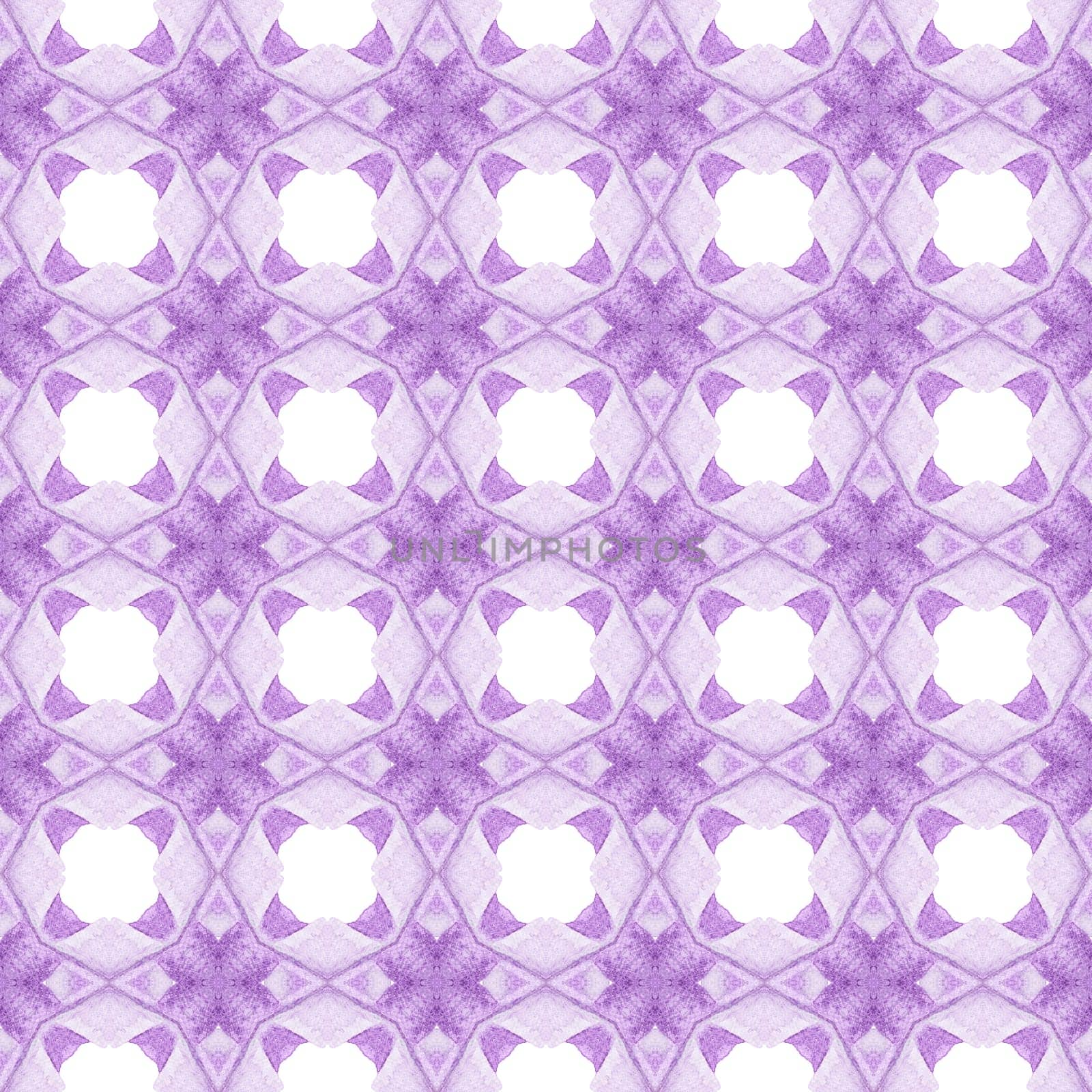 Tiled watercolor background. Purple dazzling boho chic summer design. Textile ready fancy print, swimwear fabric, wallpaper, wrapping. Hand painted tiled watercolor border.